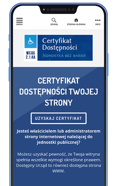 uzyskaj certyfikat dostępności wcag strony - baner przedstawiający telefon z wyświetlaną stroną jednostkabezbarier.pl