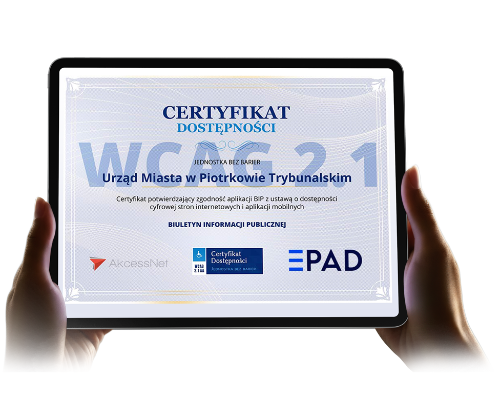 Widok certyfikatu dostępności WCAG wydany przez e-pad